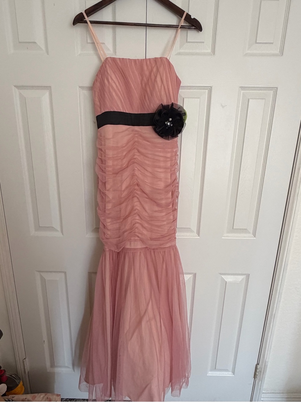 Pink Ruffled Tulle womens' Dress with Black Sash and Flower